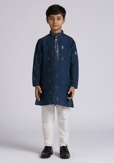Blue Embroidered Silk Blend Kurta Set For Boy