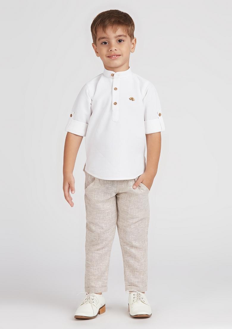 White Solid Poly Cotton Kurta Set For Boy