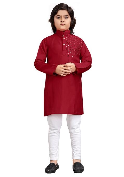 Red Embroidered Viscose Kurta Set For Boys