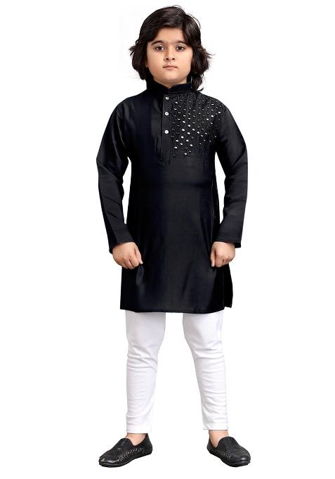 Black Embroidered Viscose Kurta Set For Boys