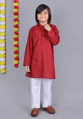 Red Embroidered Cotton Kurta Set For Boys