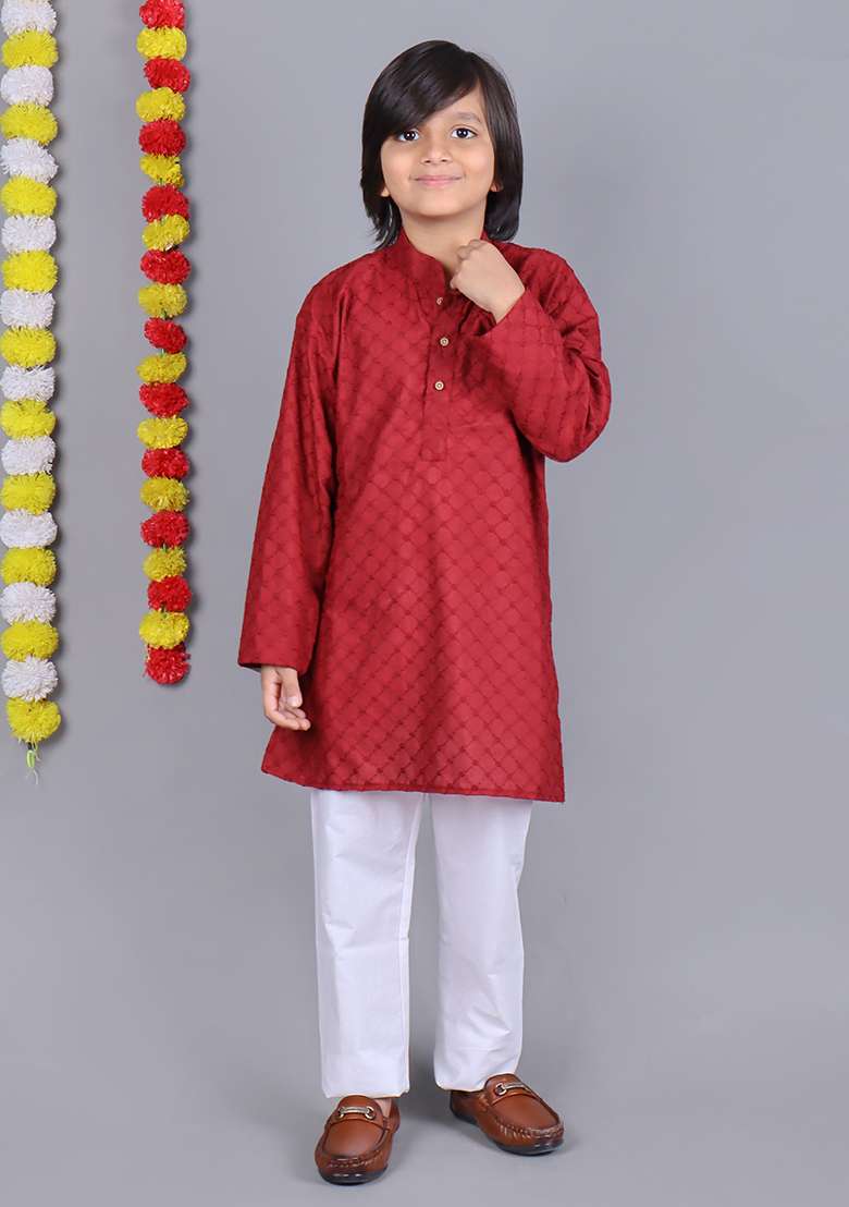Red Embroidered Cotton Kurta Set For Boys - Indya