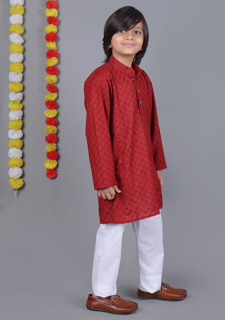 Red Embroidered Cotton Kurta Set For Boys