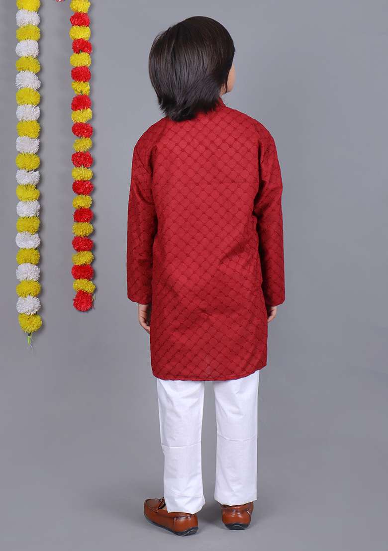 Red Embroidered Cotton Kurta Set For Boys - Indya