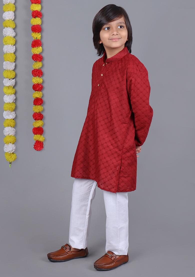 Red Embroidered Cotton Kurta Set For Boys