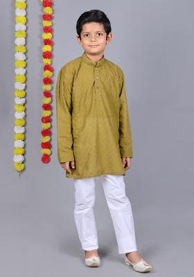 Mehendi Green Embroidered Cotton Kurta Set For Boys