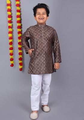 Dark Blue Embroidered Cotton Kurta Set For Boys