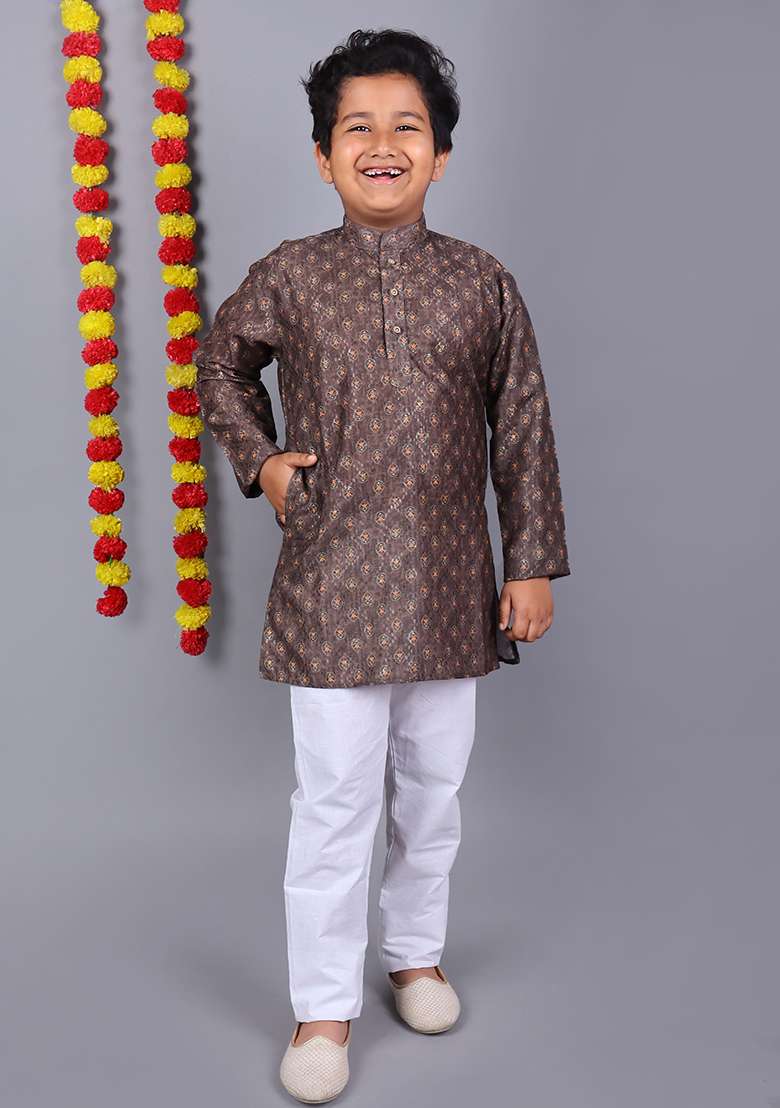 Dark Blue Embroidered Cotton Kurta Set For Boys - Indya