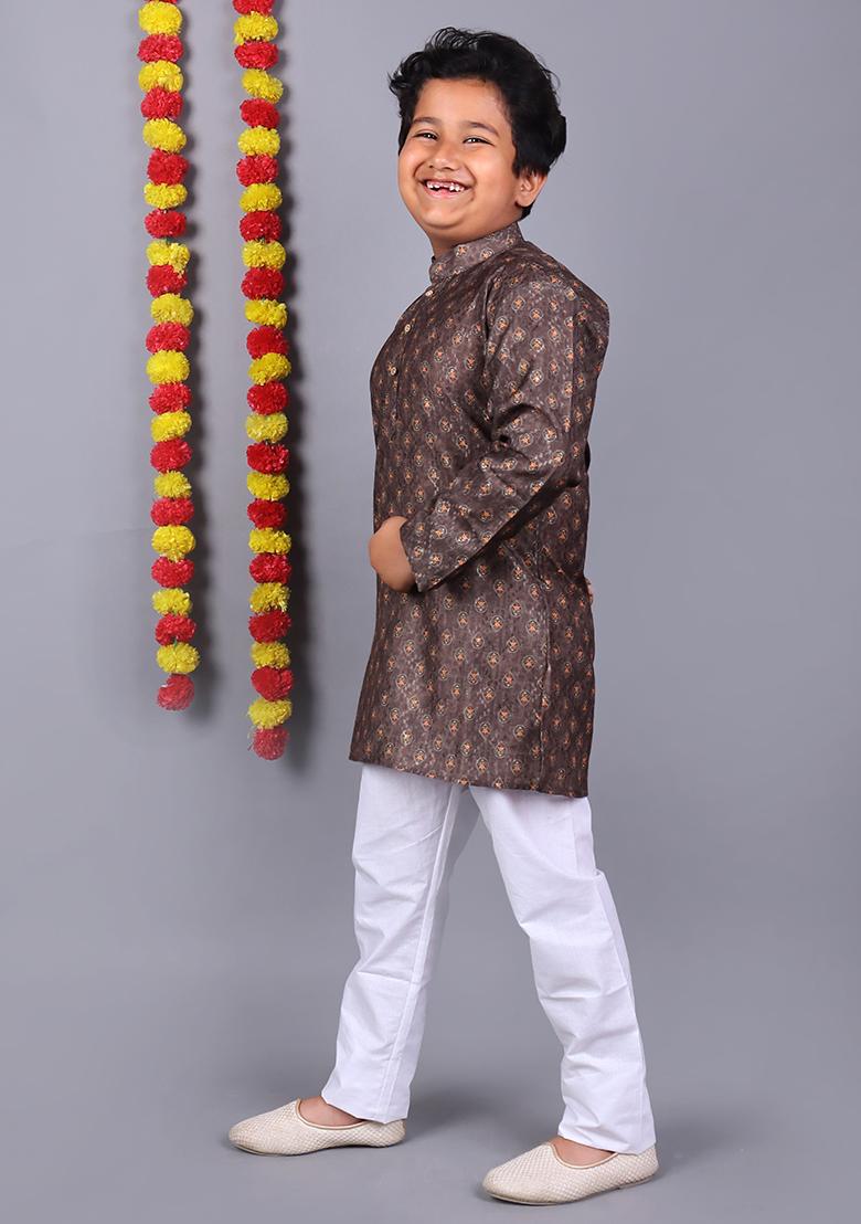 Dark Blue Embroidered Cotton Kurta Set For Boys