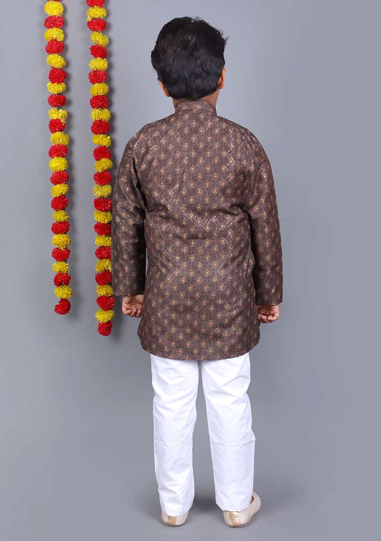 Dark Blue Embroidered Cotton Kurta Set For Boys - Indya