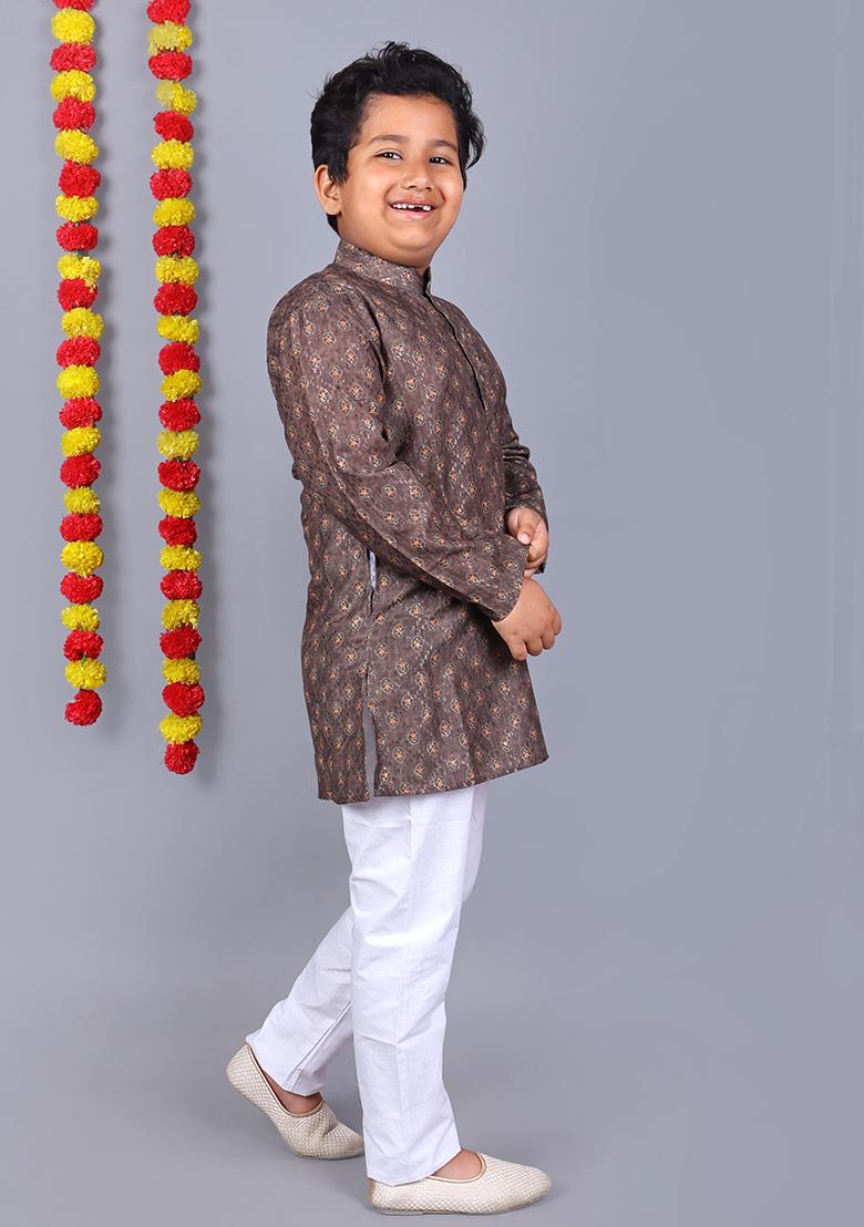Dark Blue Embroidered Cotton Kurta Set For Boys