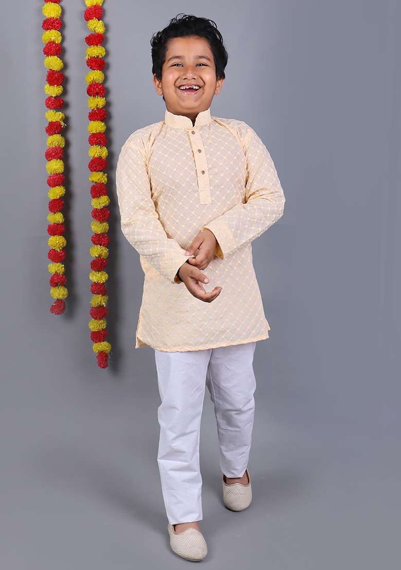 Light Peach Embroidered Cotton Kurta Set For Boys - Indya
