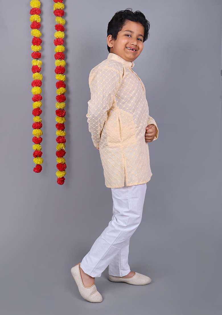 Light Peach Embroidered Cotton Kurta Set For Boys - Indya