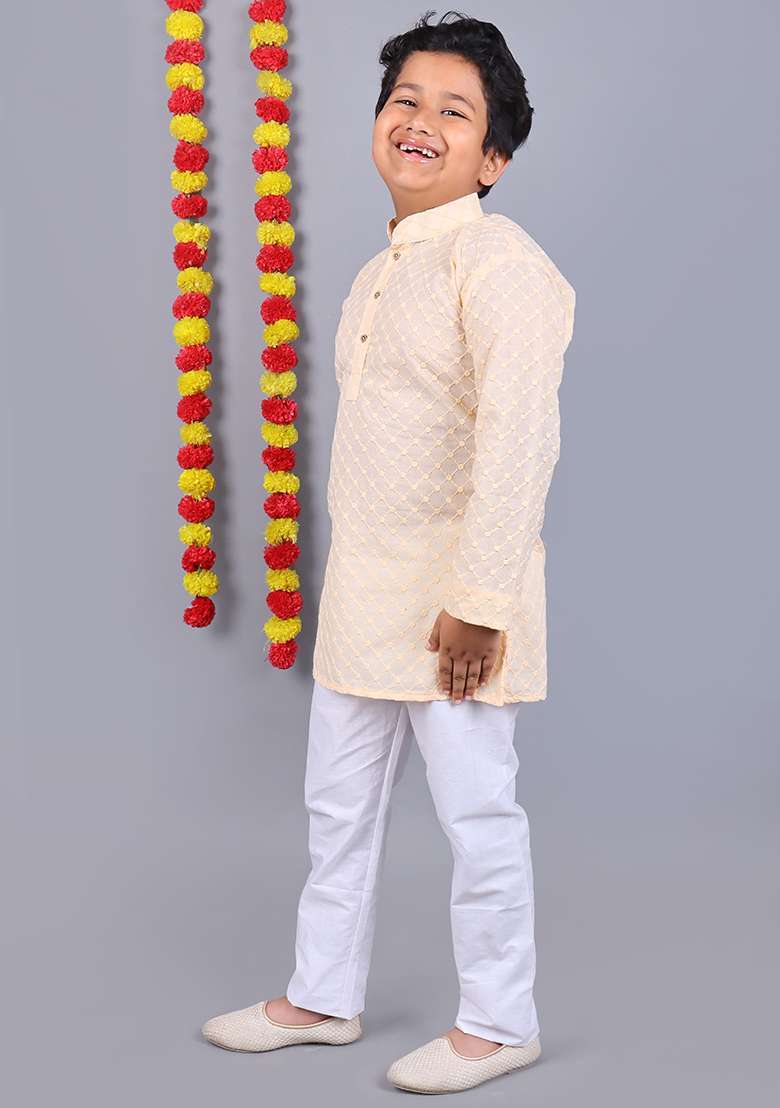 Light Peach Embroidered Cotton Kurta Set For Boys - Indya