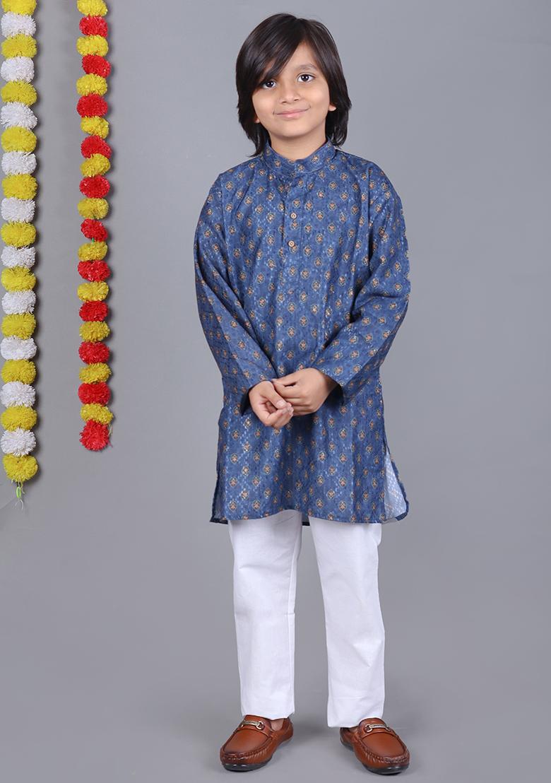 Blue Printed Cotton Kurta Set For Boys