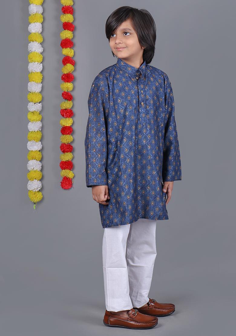 Blue Printed  Cotton Kurta Set For Boys