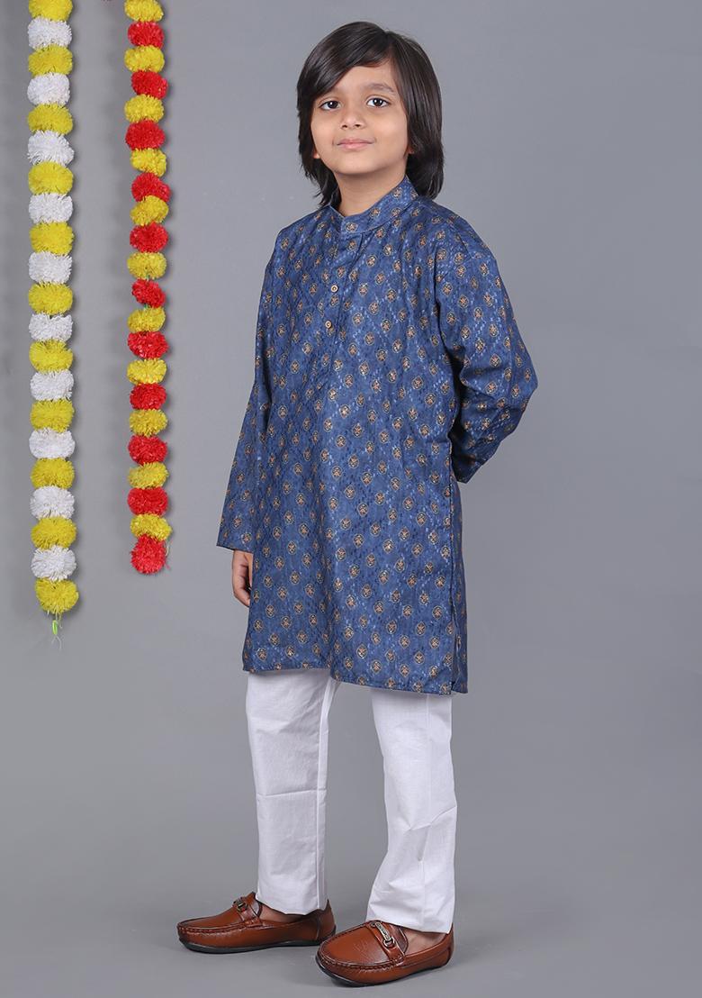 Blue Printed  Cotton Kurta Set For Boys