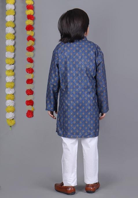 Blue Printed Cotton Kurta Set For Boys