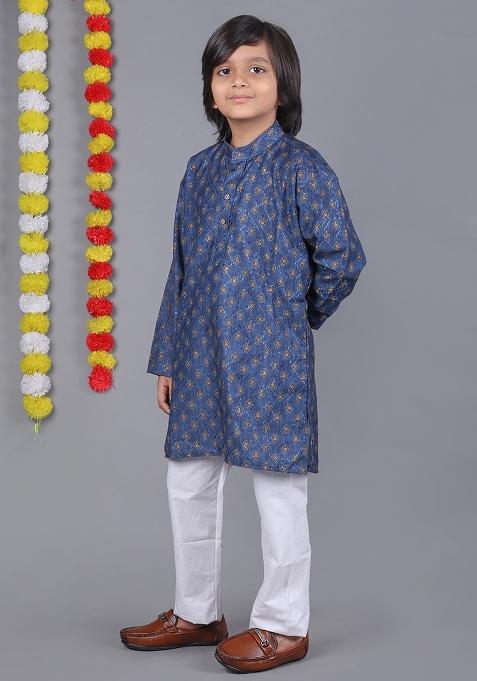 Blue Printed Cotton Kurta Set For Boys