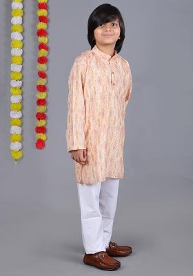 Dark Cream Printed  Cotton Kurta Set For Boys