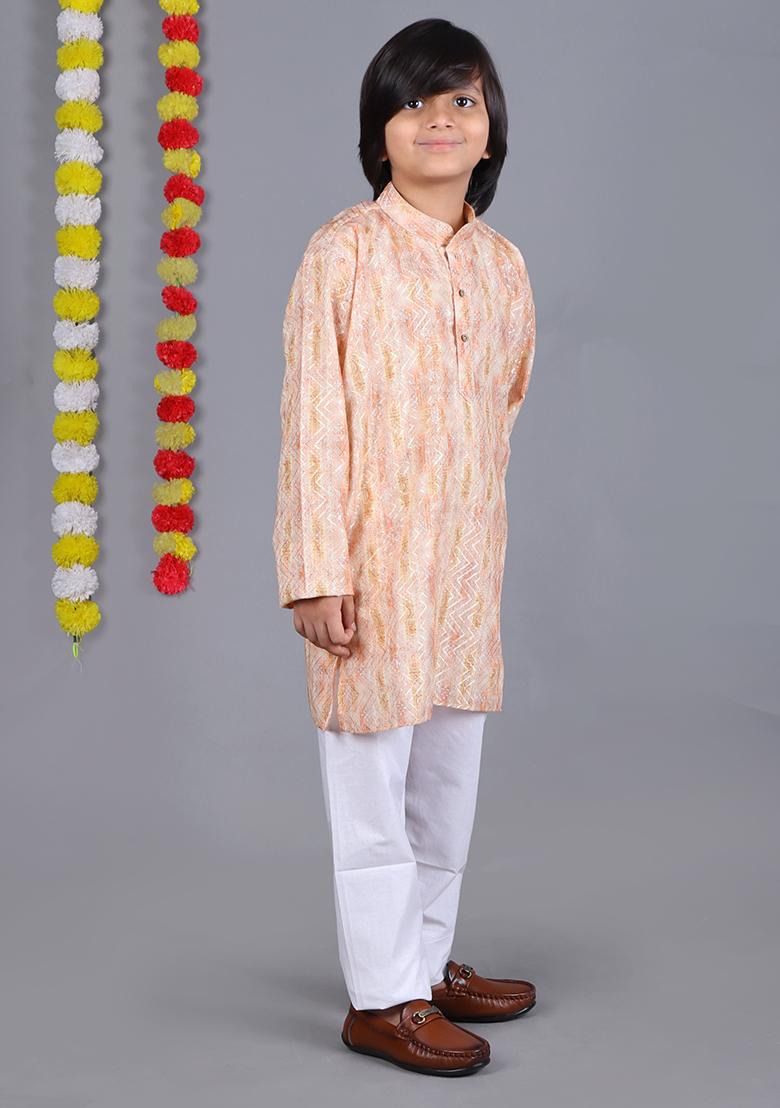 Dark Cream Printed  Cotton Kurta Set For Boys