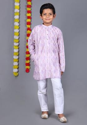 Light Purple Printed  Cotton Kurta Set For Boys