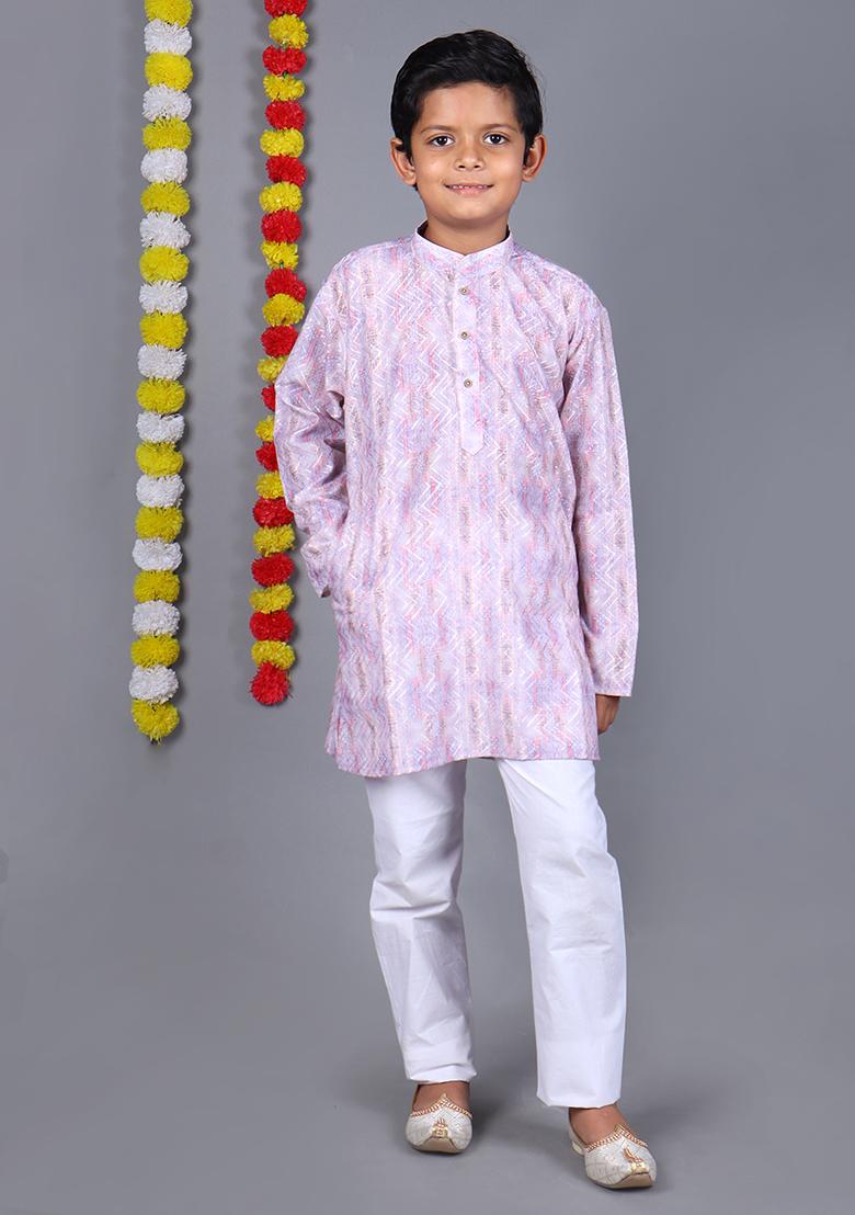 Light Purple Printed Cotton Kurta Set For Boys