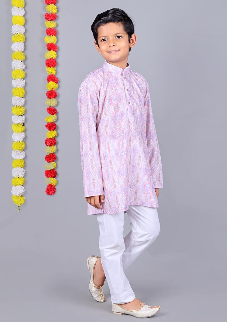 Light Purple Printed  Cotton Kurta Set For Boys