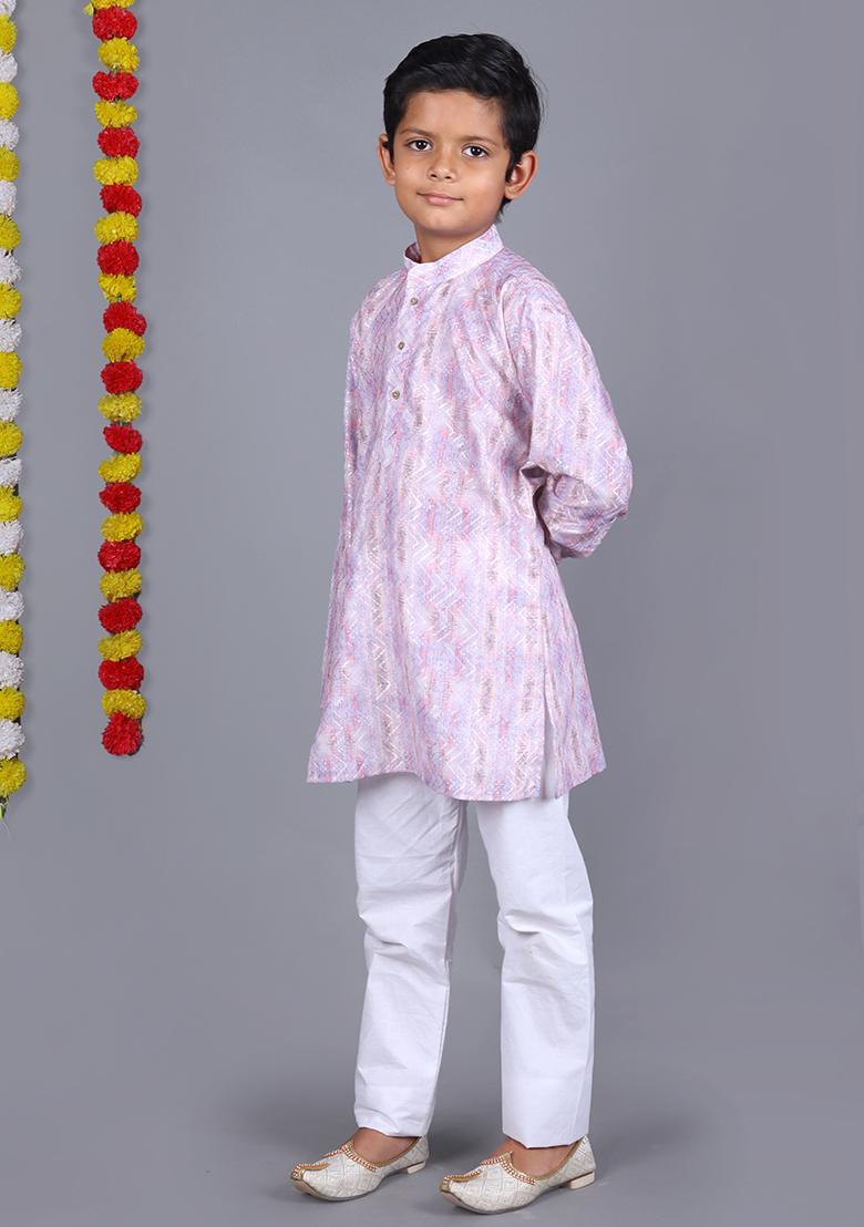 Light Purple Printed  Cotton Kurta Set For Boys