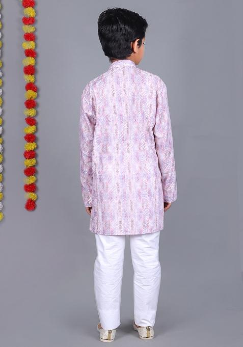 Light Purple Printed Cotton Kurta Set For Boys