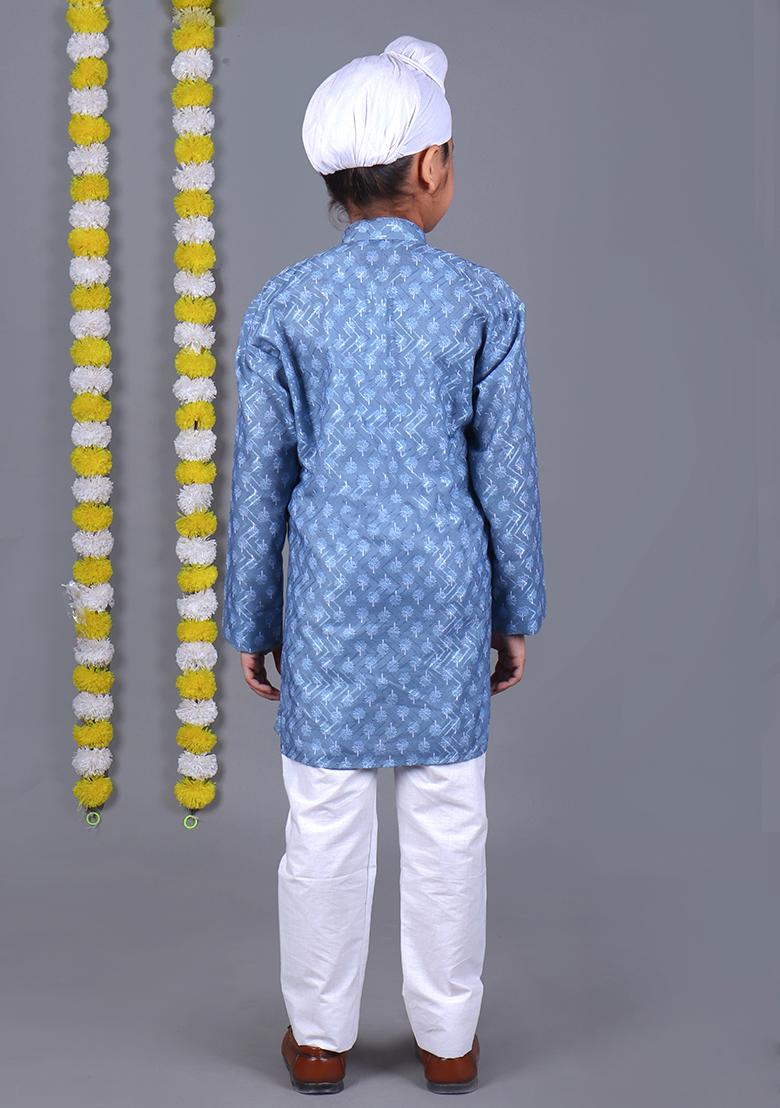 Sky Blue Printed Cotton Kurta Set For Boys