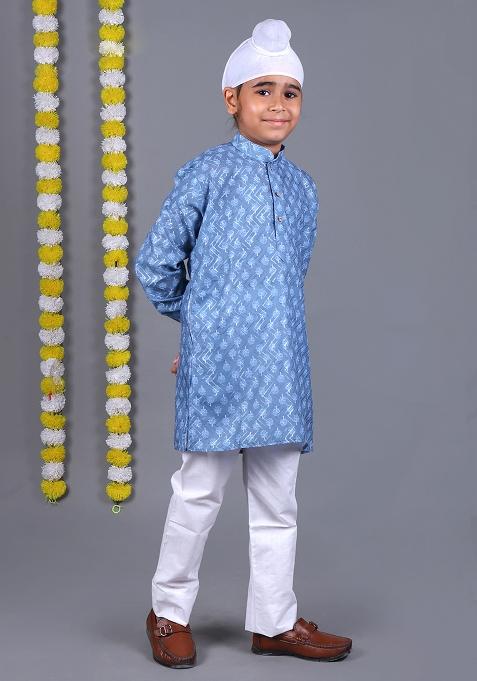 Sky Blue Printed  Cotton Kurta Set For Boys