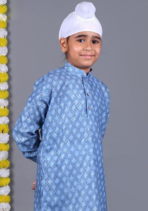 Sky Blue Printed Cotton Kurta Set For Boys
