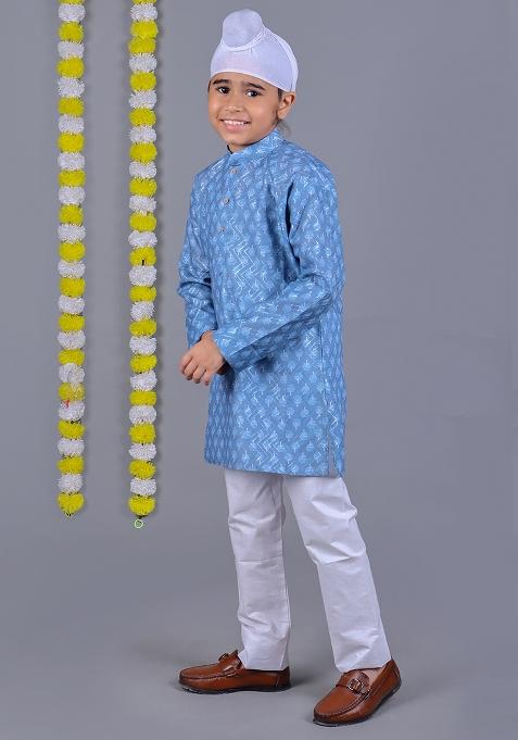 Sky Blue Printed Cotton Kurta Set For Boys