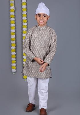 Grey Printed  Cotton Kurta Set For Boys