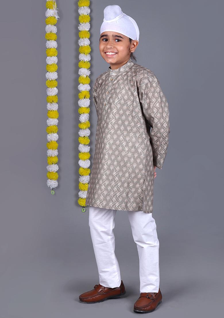 Grey Printed  Cotton Kurta Set For Boys