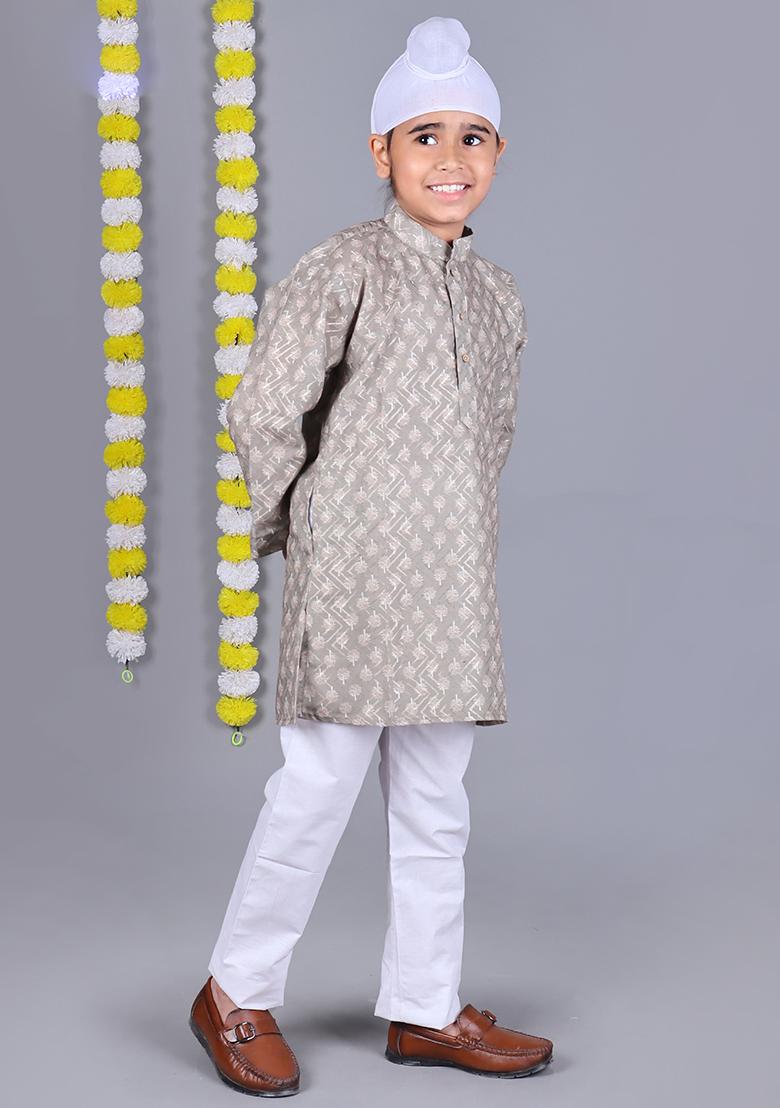 Grey Printed  Cotton Kurta Set For Boys