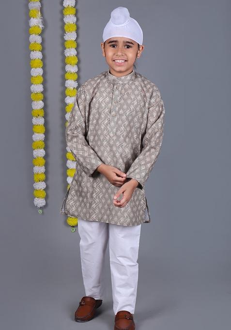 Grey Printed  Cotton Kurta Set For Boys