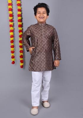 Brown Printed  Cotton Kurta Set For Boys