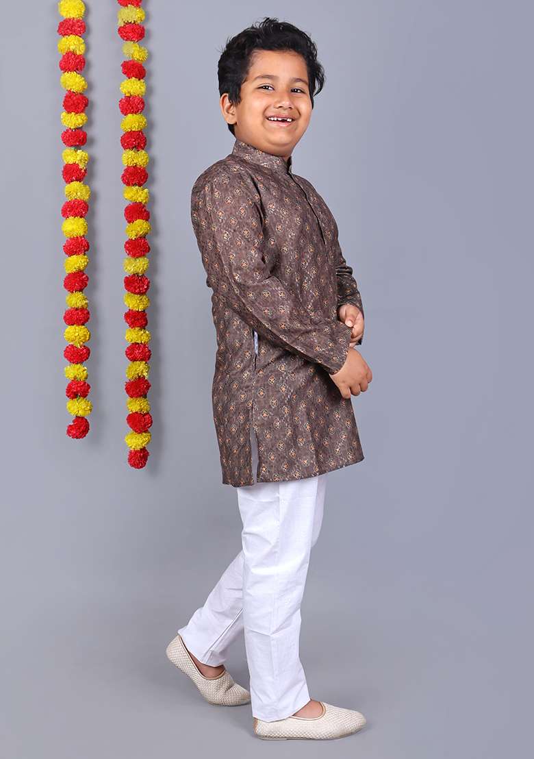 Brown Printed  Cotton Kurta Set For Boys - Indya