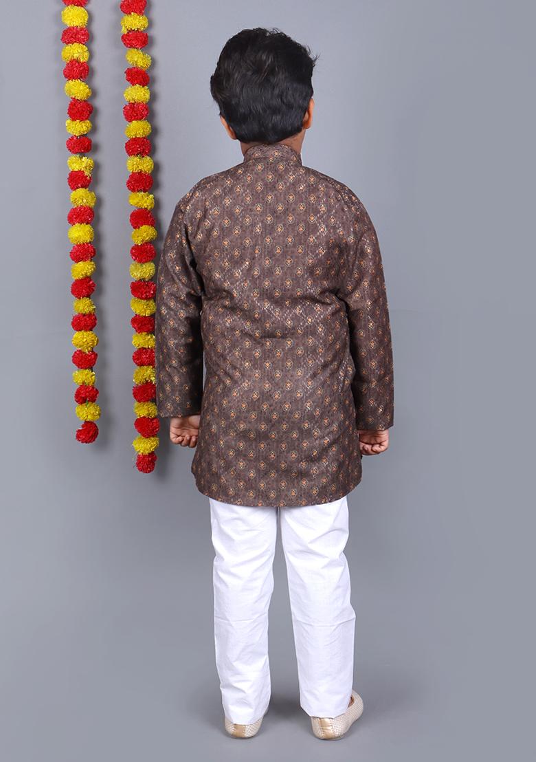 Brown Printed  Cotton Kurta Set For Boys