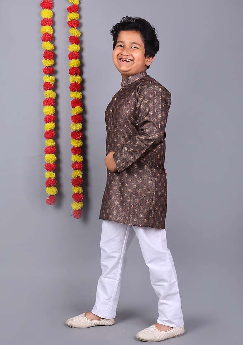 Brown Printed  Cotton Kurta Set For Boys - Indya