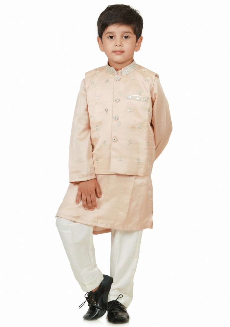 Light Peach Embroidery Silk Kurta Jacket Set For Boys - Indya