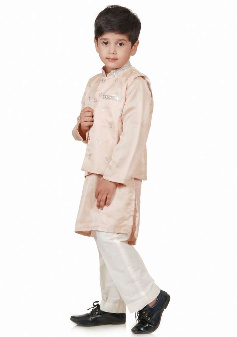 Light Peach Embroidery Silk Kurta Jacket Set For Boys - Indya