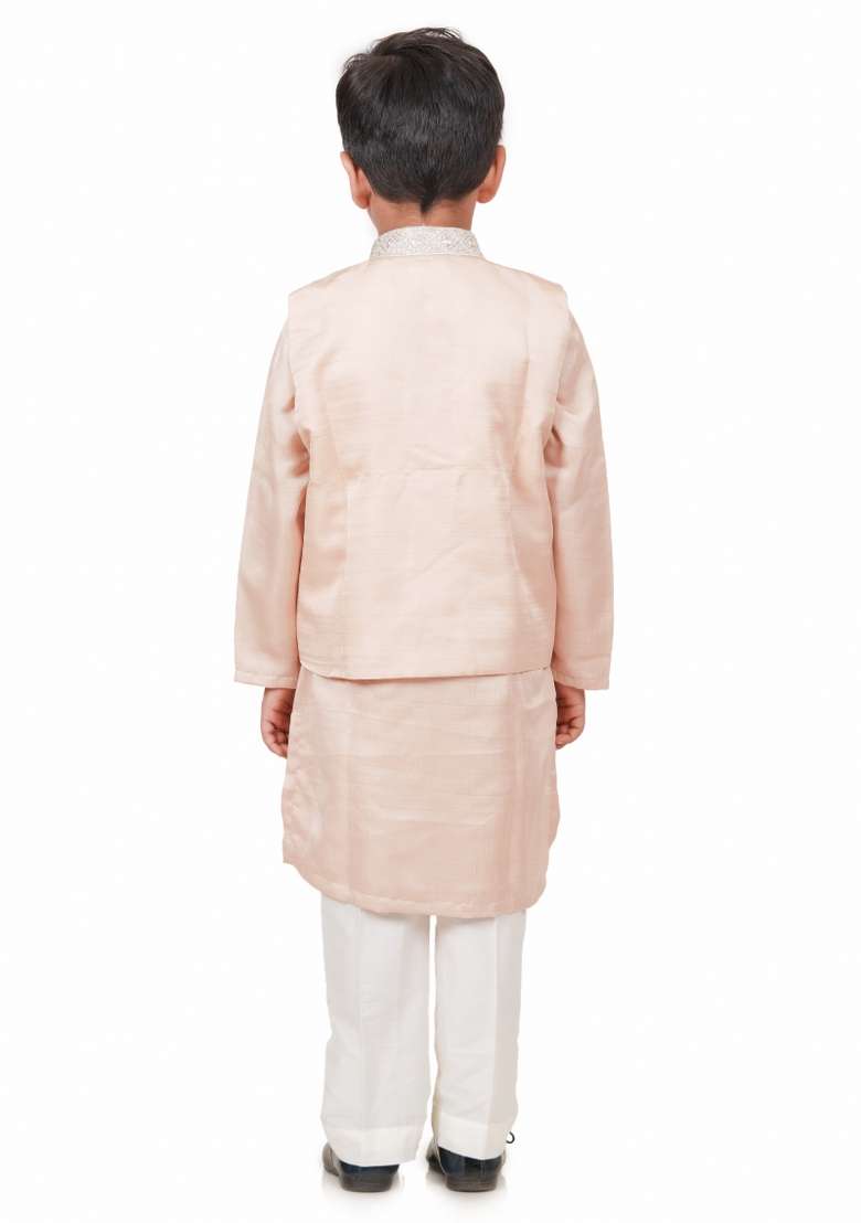 Light Peach Embroidery Silk Kurta Jacket Set For Boys - Indya