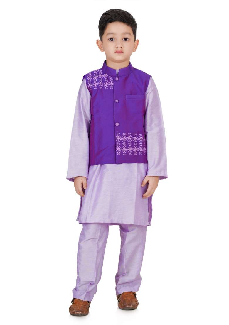 Purple Embroidery Silk Kurta Jacket Set For Boys - Indya