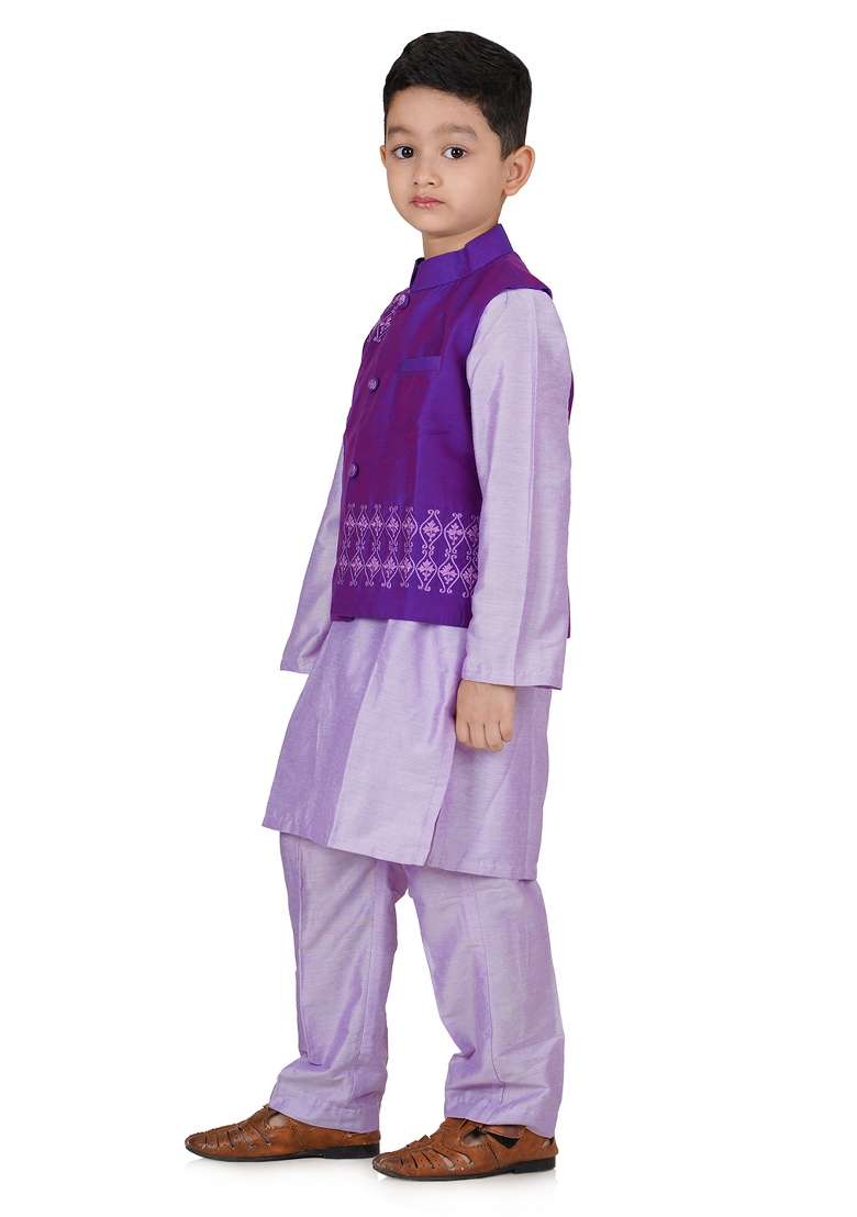 Purple Embroidery Silk Kurta Jacket Set For Boys - Indya