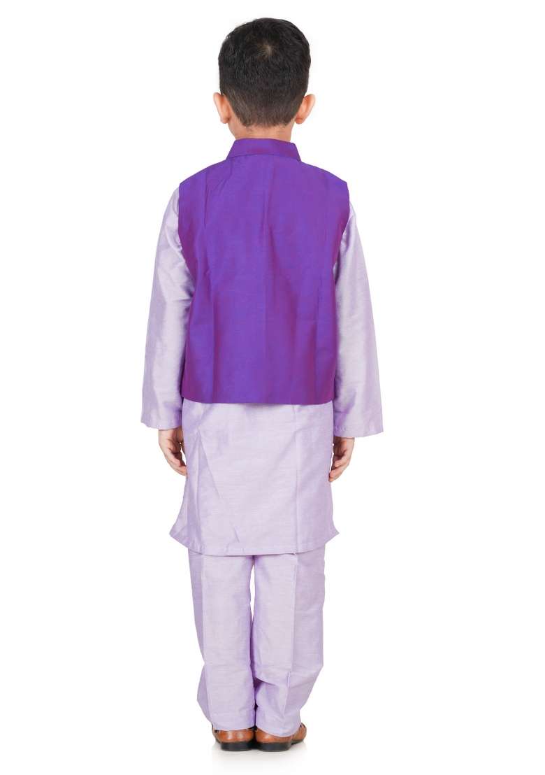 Purple Embroidery Silk Kurta Jacket Set For Boys - Indya