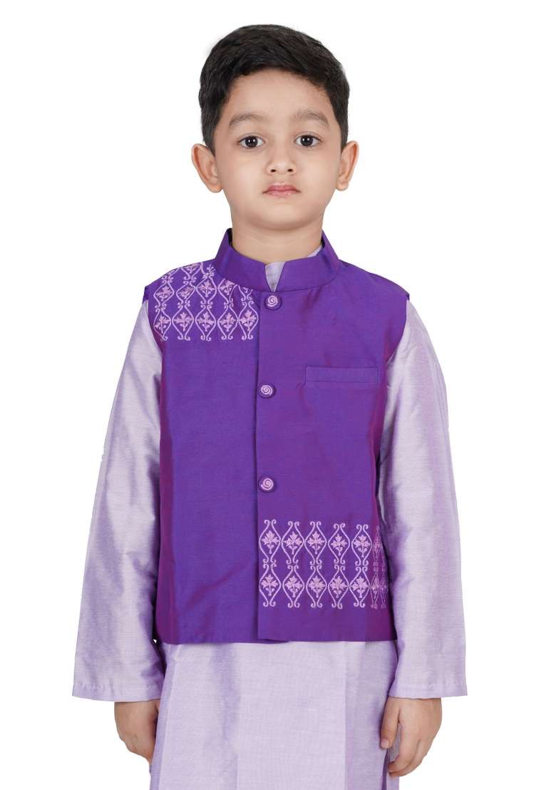Purple Embroidery Silk Kurta Jacket Set For Boys - Indya