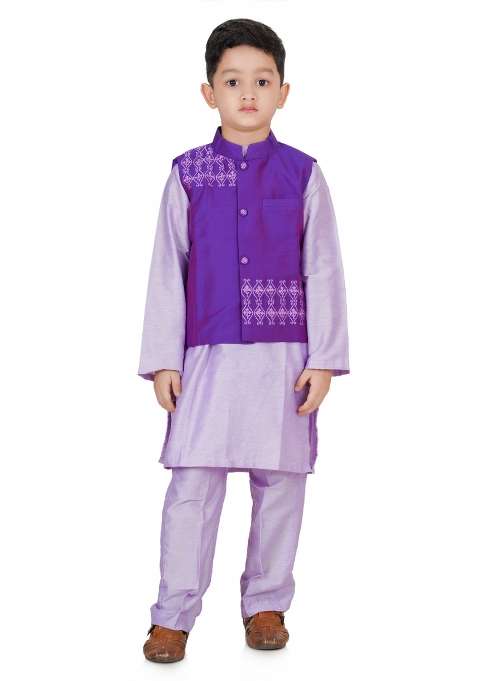 Purple Embroidery Silk Kurta Jacket Set For Boys